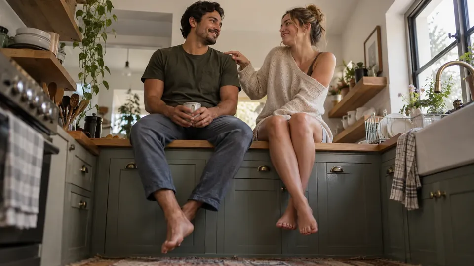 A boyfriend and girlfriend on a kitchen counter, teasing each other