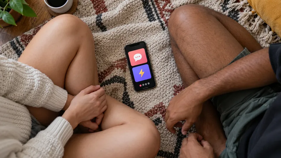 A phone between a couple showing a truth or dare game, screen sharp, their legs on a blanket