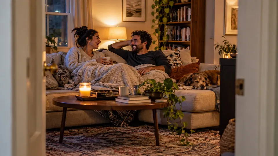 A couple laughing on a sofa with a blanket, cozy evening