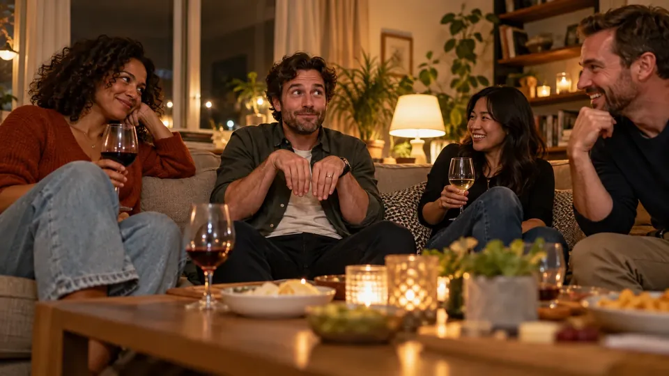 Adults at a late-night house party on a sofa, wine glasses, playful dare moment, tasteful