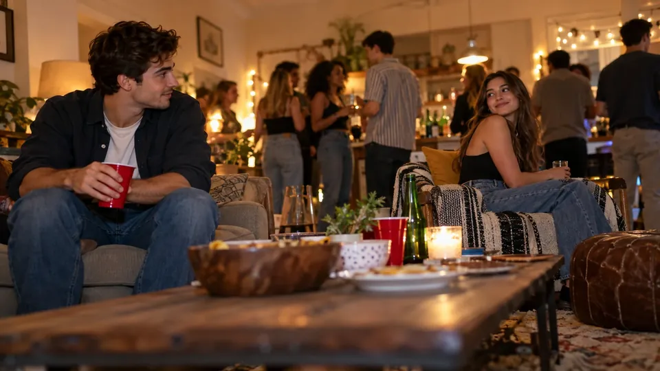 A young man looking sideways at a woman across a party room, soft bokeh lights