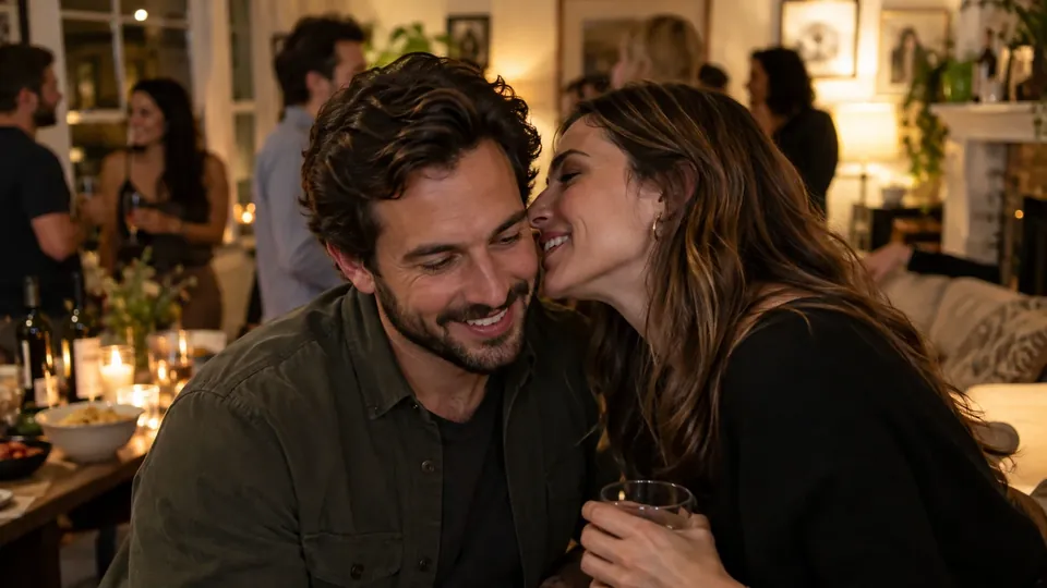A couple at a party, she whispers into his ear, both smiling, warm low light