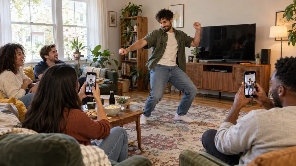 A man doing a silly dance in the middle of a living room while friends film on phones, screens sharp
