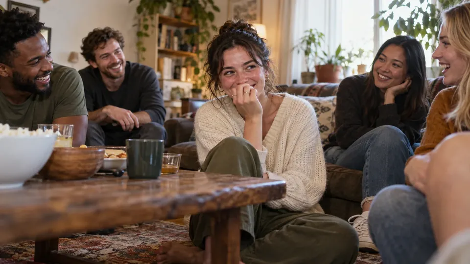 A woman blushing and laughing while answering a truth, friends leaning in