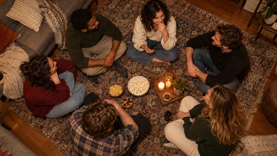 Group of American friends in a circle on a living room rug at night, one choosing truth or dare, candles and snacks