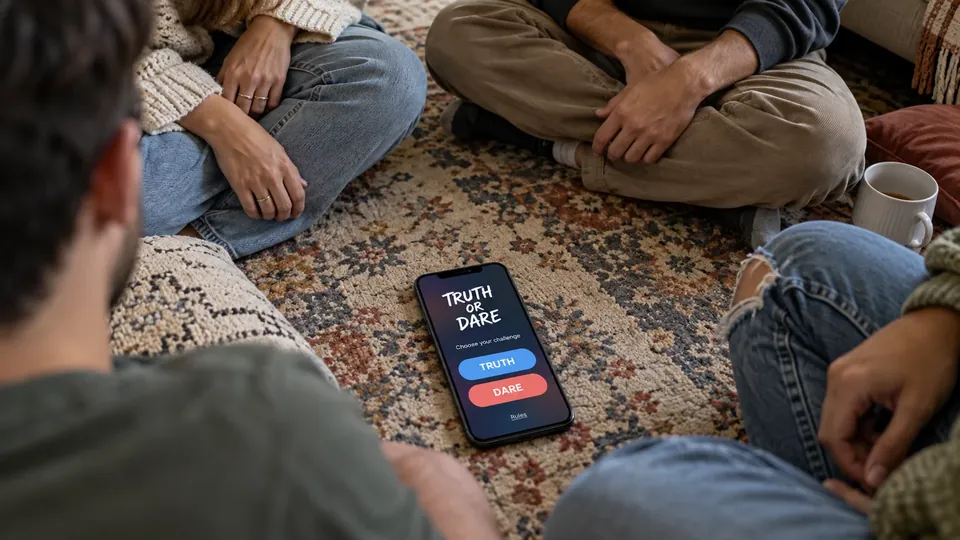 A phone on the rug showing a truth or dare game screen, sharp readable screen, friends' knees around