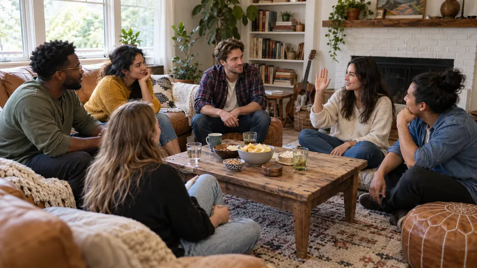 Friends sitting in a circle agreeing on rules, one holding up a hand as a pass signal