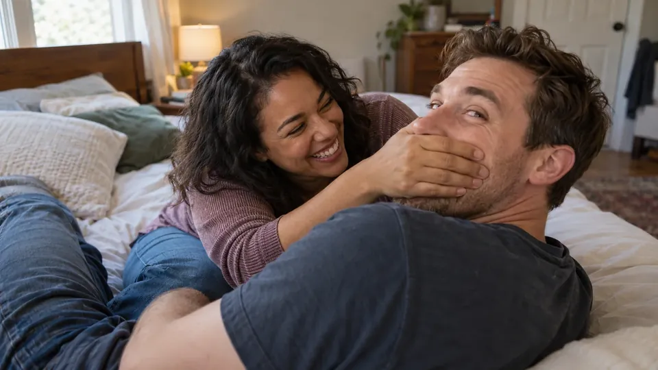 A couple on a bed fully clothed, playful, she covers his mouth laughing, tasteful