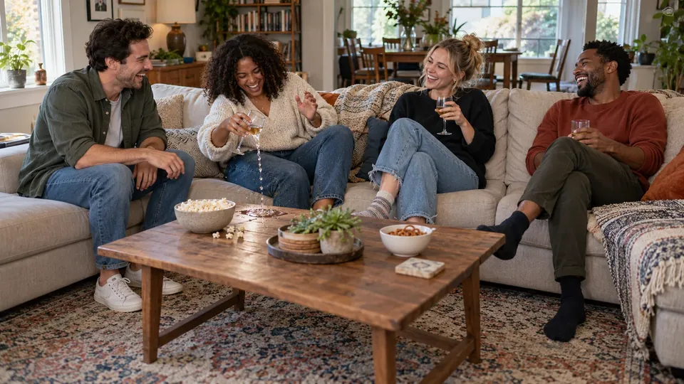 Adults laughing on a sofa, one spilling a drink a little from laughing