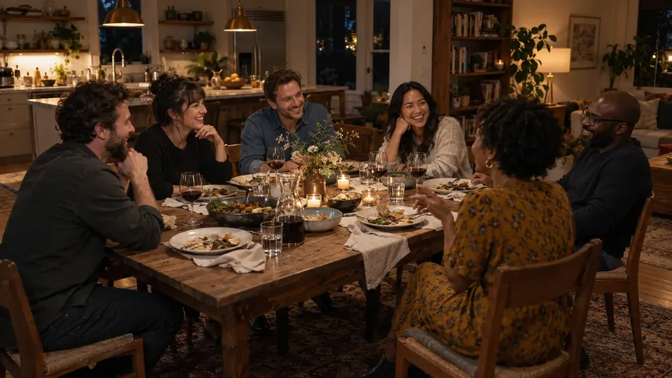 Adults in their 30s at a dinner party table late in the evening, wine, candid laughter