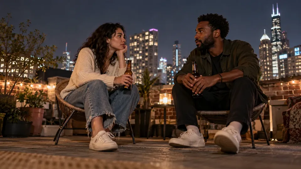 Two friends on a rooftop with beers talking seriously at night, city bokeh
