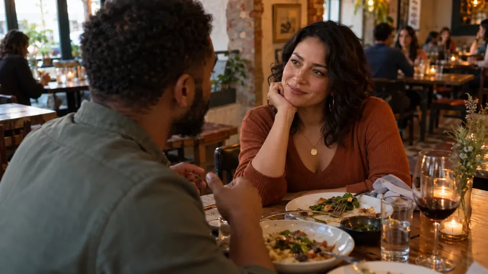 A couple at a restaurant table discussing a question, intimate warm light