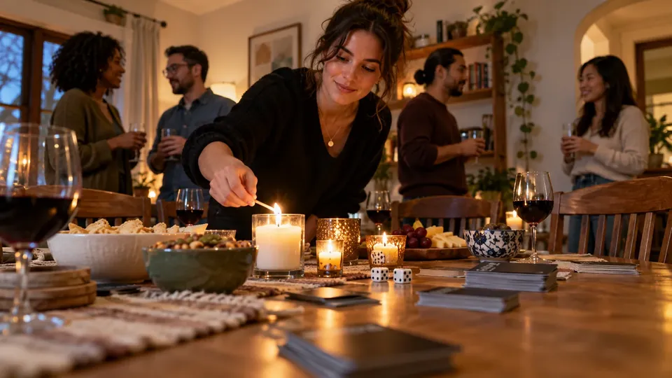 A host lighting candles before guests sit down, table set for a game night
