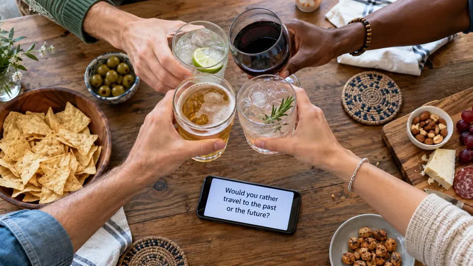 Hands of adults with glasses clinking over a table with a phone showing a question, screen sharp