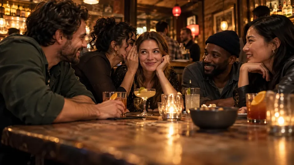 Adults at a dim bar table late at night, cocktails, one whispering a question, playful looks