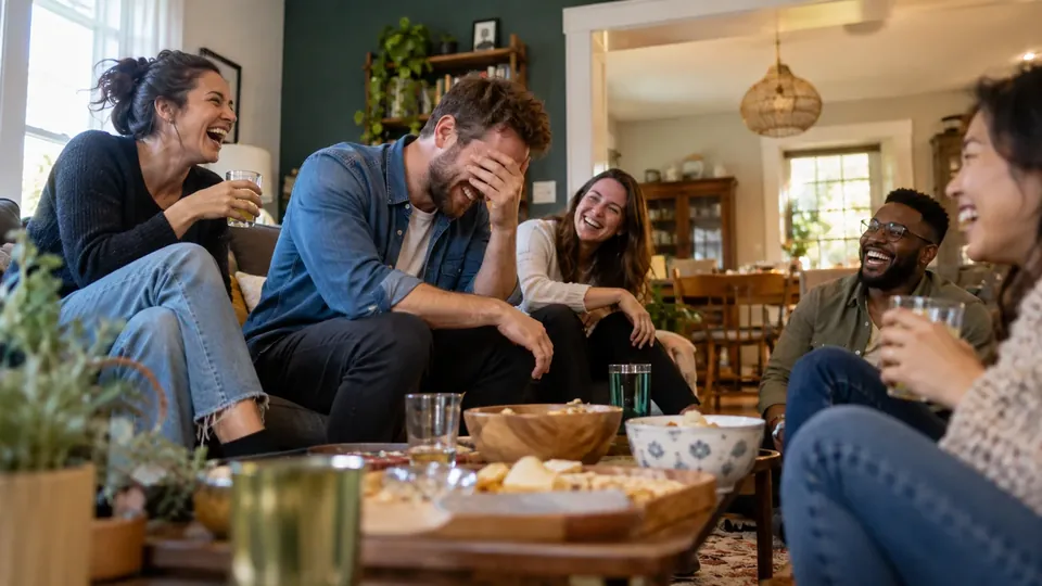 A man laughing so hard he covers his face while his friends grin, living room party