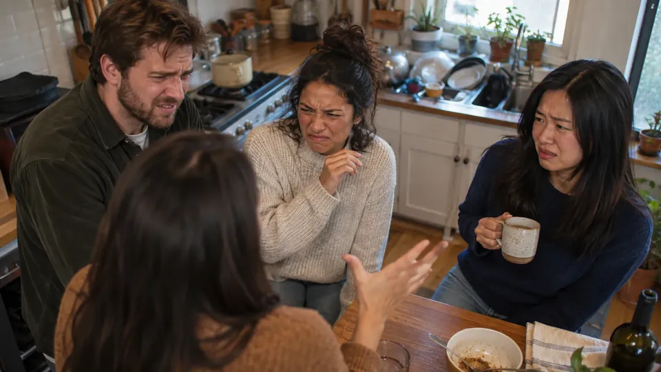 Friends wincing and recoiling in disgust at a question, one with nose scrunched, apartment kitchen
