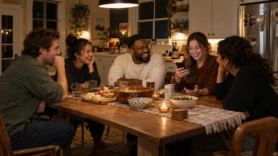 Five American friends in their late 20s around a wooden kitchen table at night, one reading a question from a phone, others mid-laugh deciding
