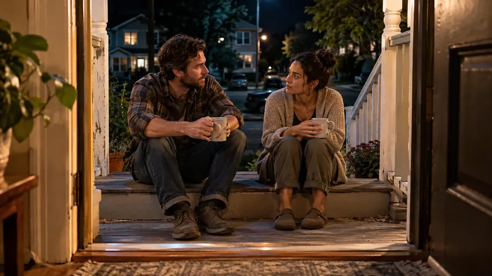 Two friends talking quietly on a porch step at night with mugs, serious honest conversation