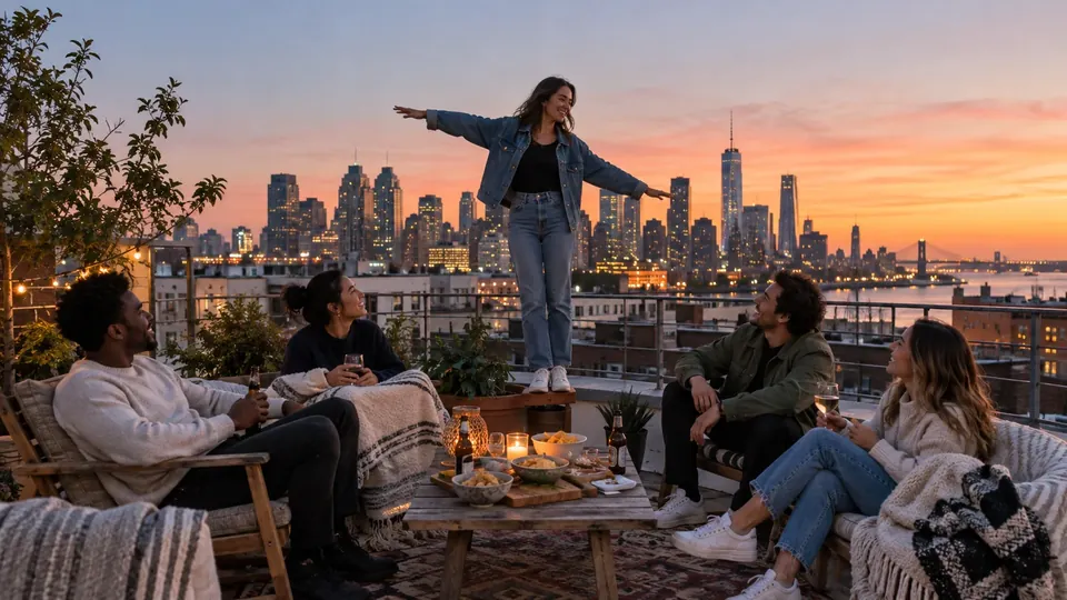 Friends on a rooftop at dusk, one stretching arms like flying as a joke, city lights behind