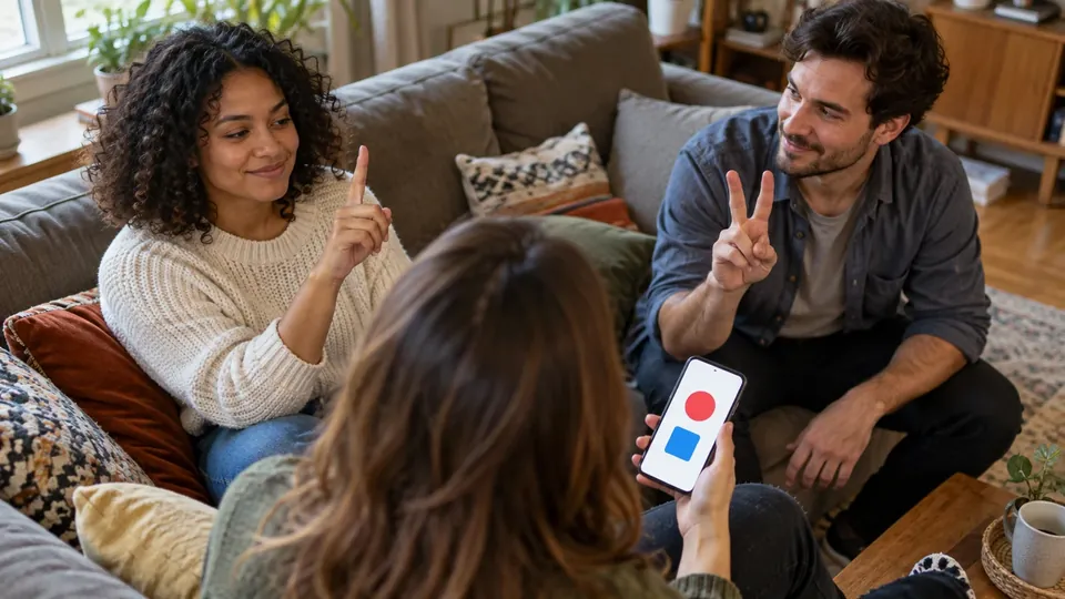 Two friends on a couch each holding up a hand with one or two fingers to pick an option, a third waits with a phone