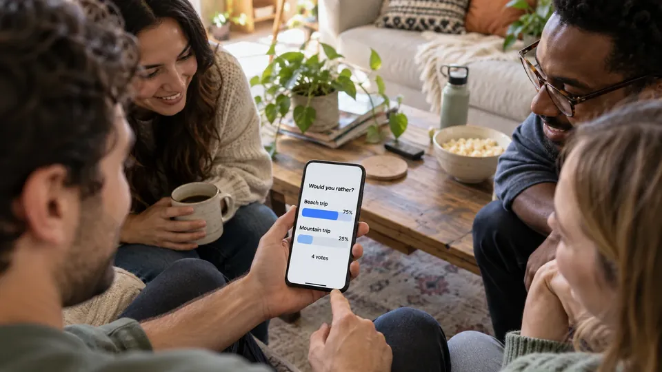 Group of friends looking at one phone together showing a voting result on screen, screen sharp and readable