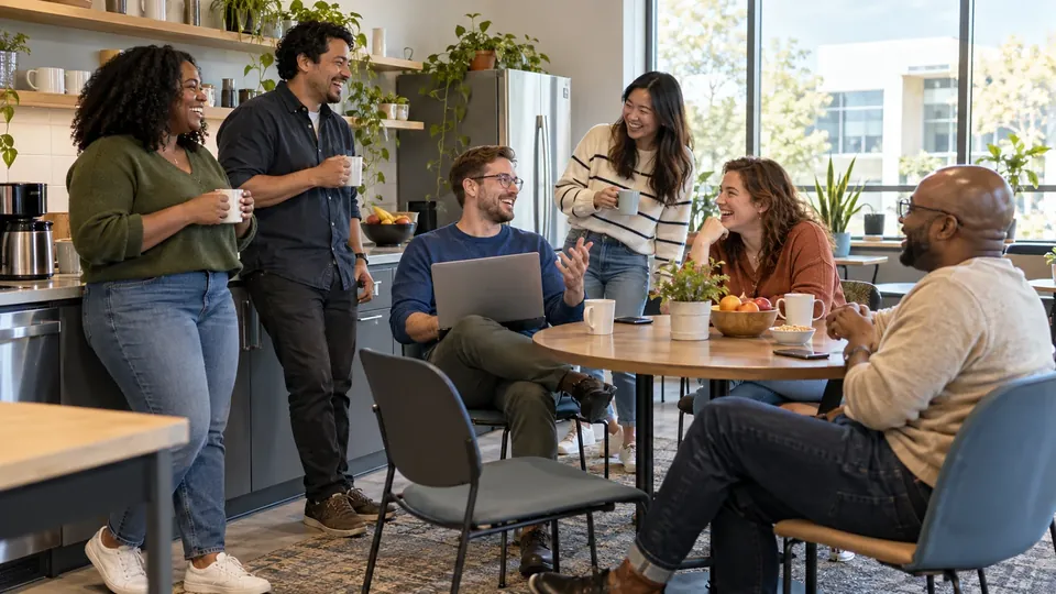 Coworkers in a bright office break room laughing during a team icebreaker, one holding a laptop