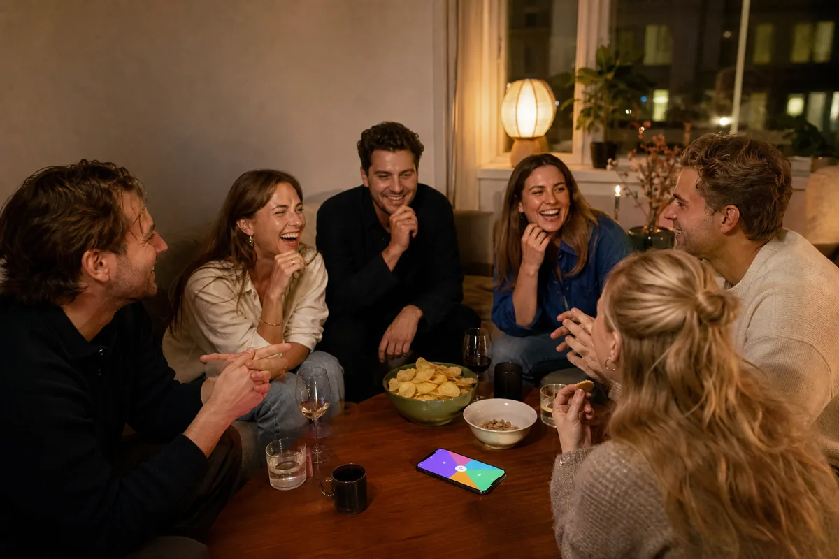 Venner spiller festspil i en lejlighed