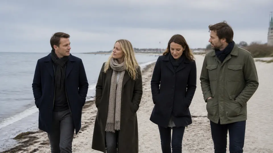 Venner går og taler ved stranden