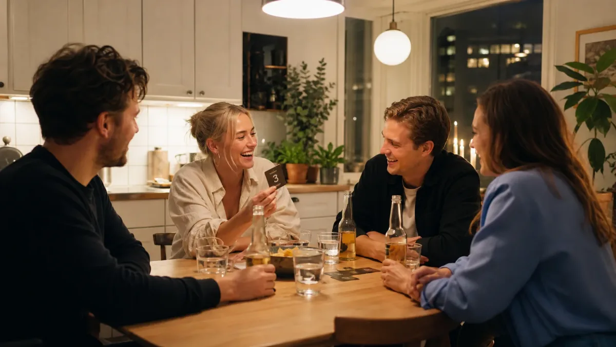 Fyra vänner spelar vid ett köksbord