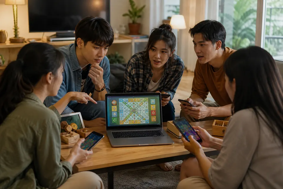 กลุ่มเพื่อนชาวไทยเล่นเกมคำศัพท์และบอร์ดเกมออนไลน์