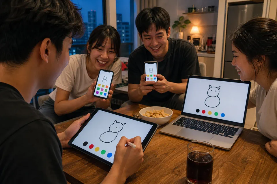 เพื่อนชาวไทยหัวเราะระหว่างเกมวาดรูปในเบราว์เซอร์