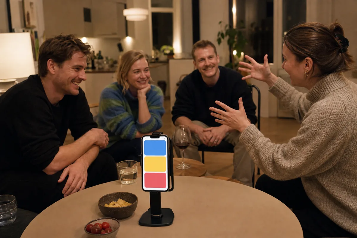 Venner samles om en telefon til en mimeleg