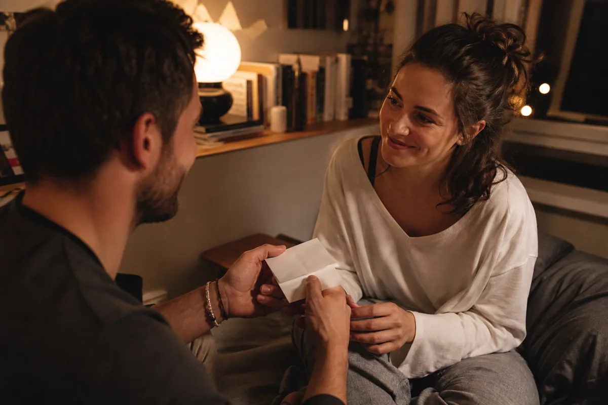 Couple échangeant un mot romantique