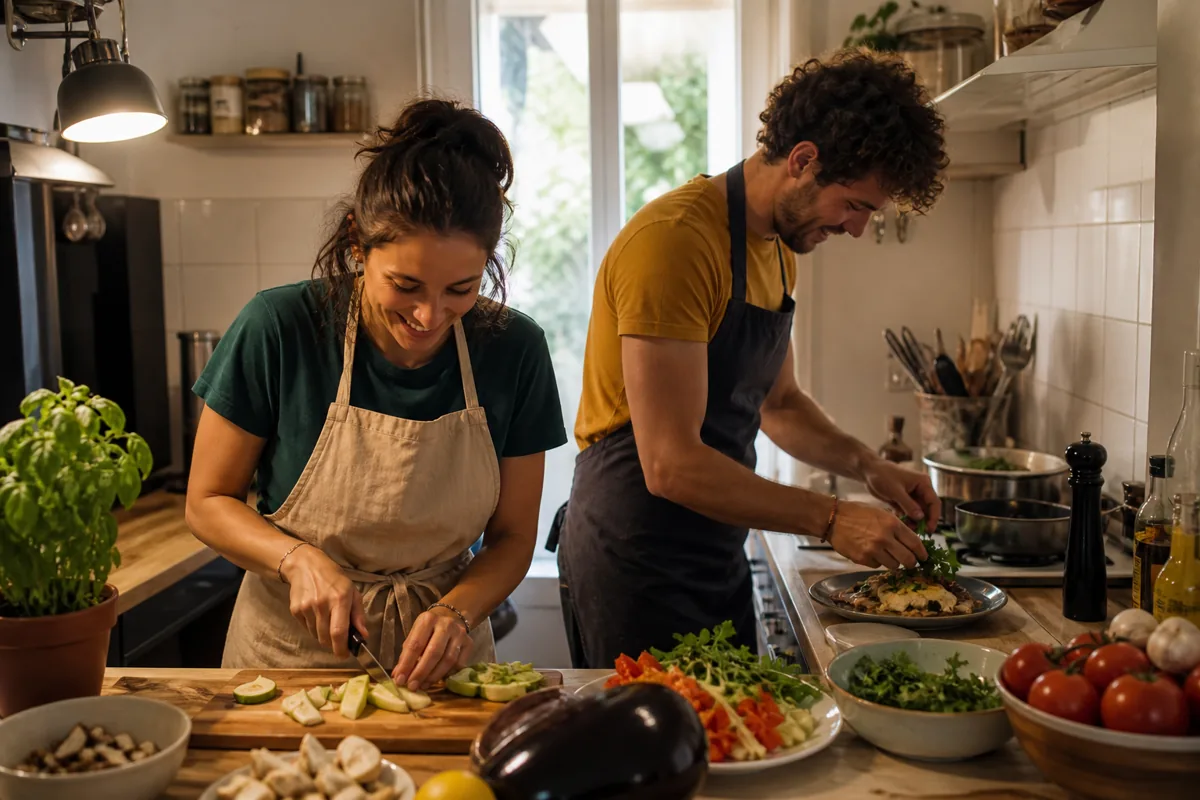 Couple préparant le même plat en défi