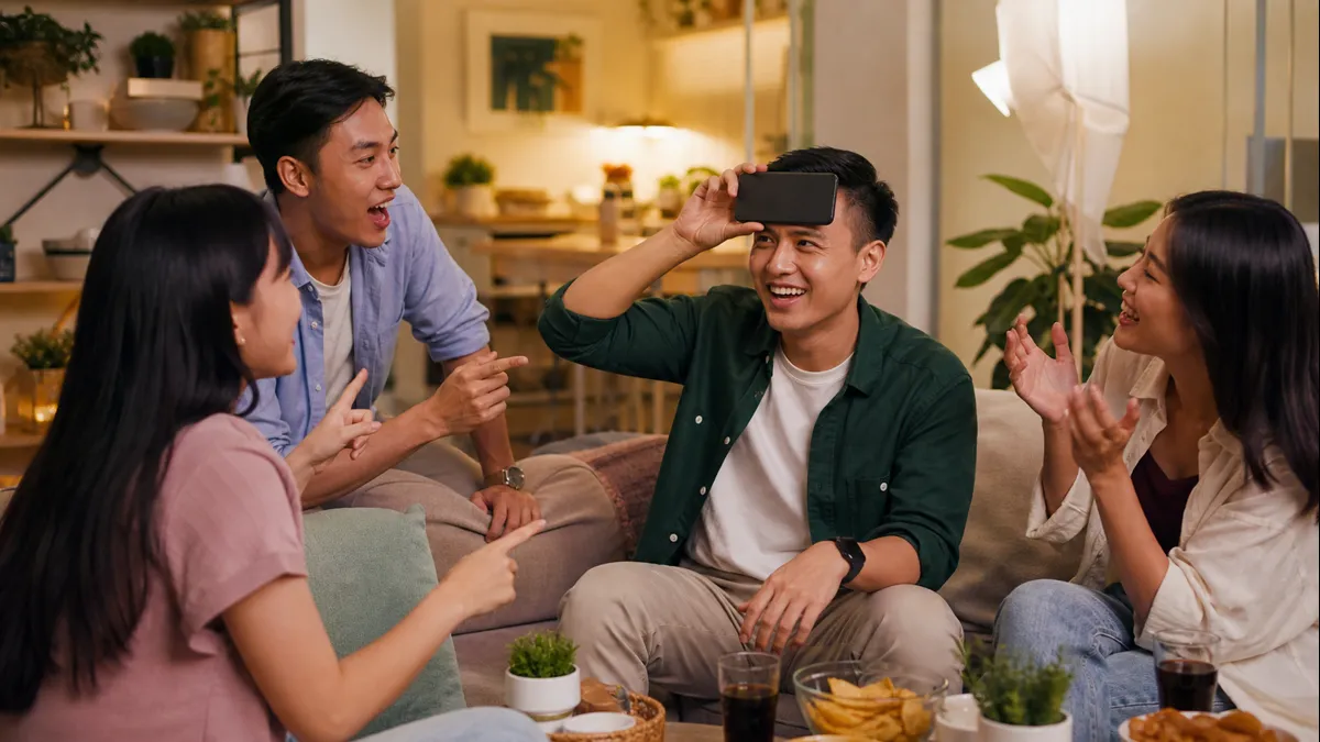 Teman bermain tebak kata dengan ponsel di dahi