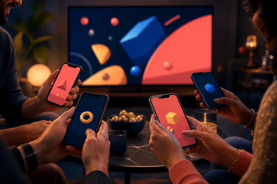 Mehrere Handys und ein gemeinsamer Spielbildschirm bei einem Spieleabend
