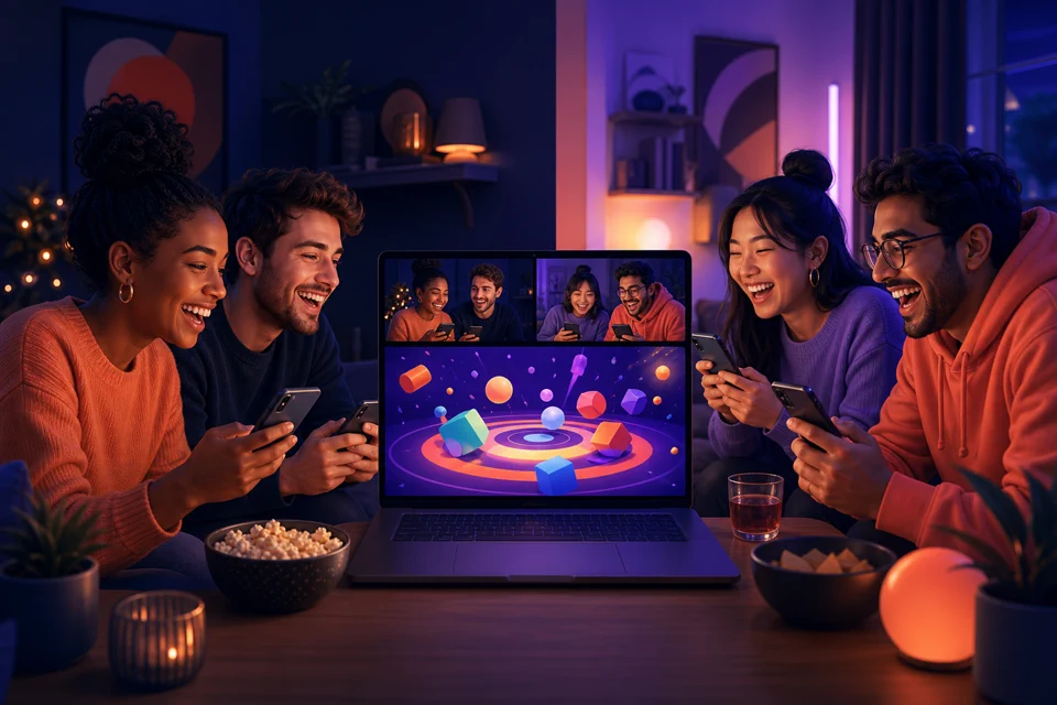 Freunde spielen ein Partyspiel gemeinsam über einen Videoanruf