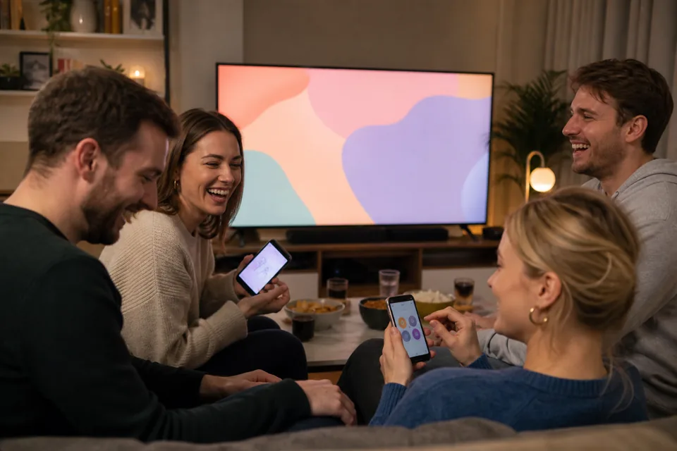 Przyjaciele śmieją się podczas gry z telefonami
