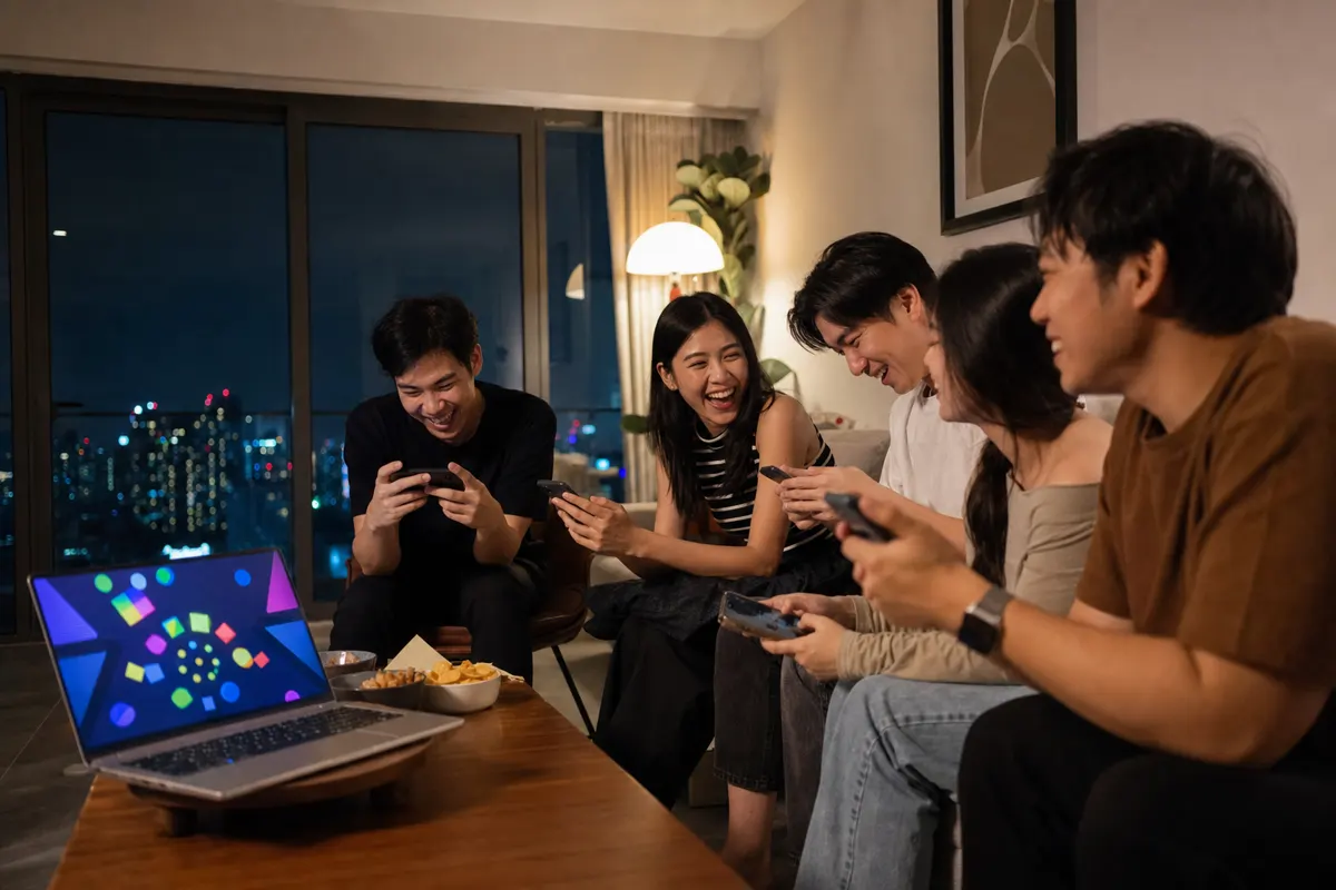 กลุ่มเพื่อนชาวไทยเล่นเกมปาร์ตี้ผ่านโทรศัพท์