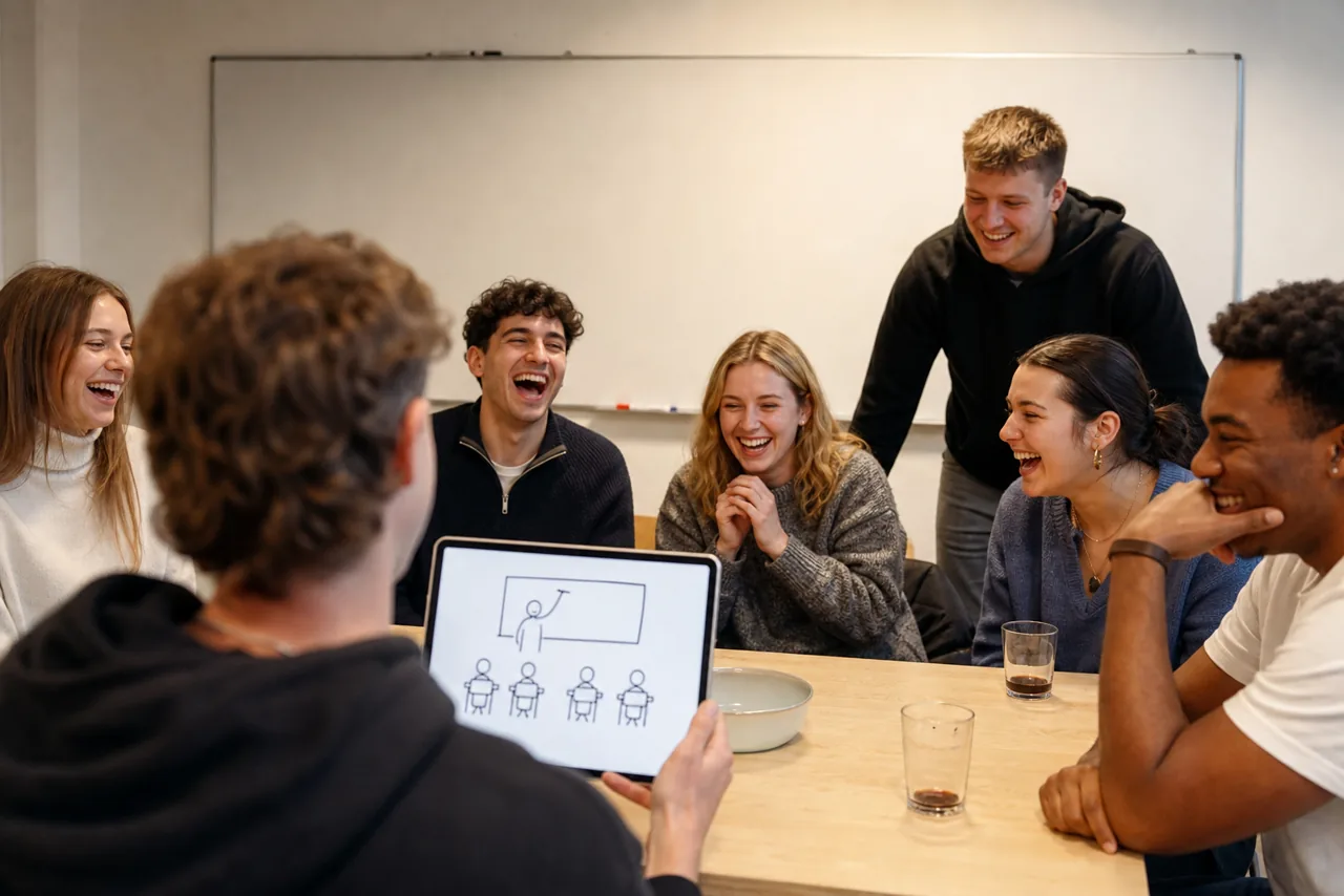 Studierende lachen über eine Schulzeichnung auf einem Tablet