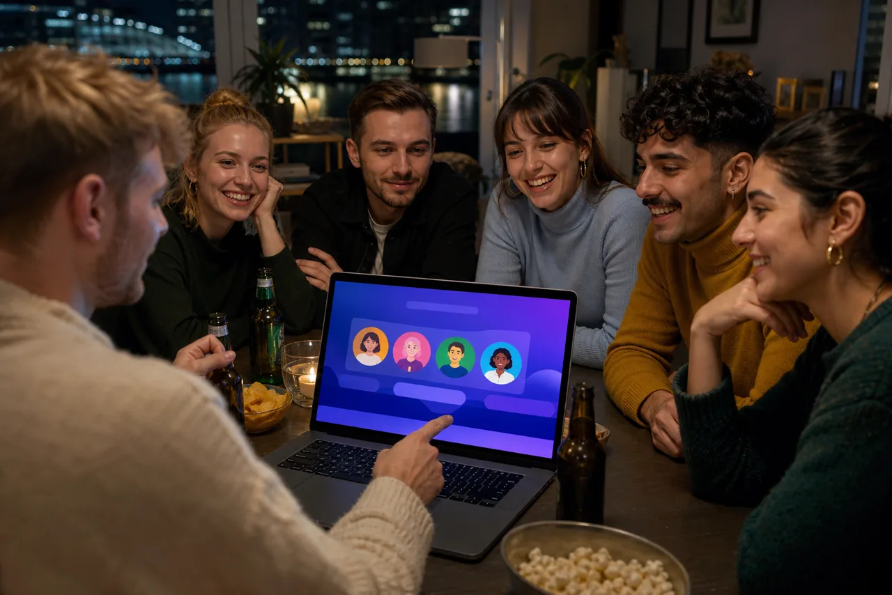 Gastgeber zeigt Freunden eine farbige Spielelobby auf dem Laptop