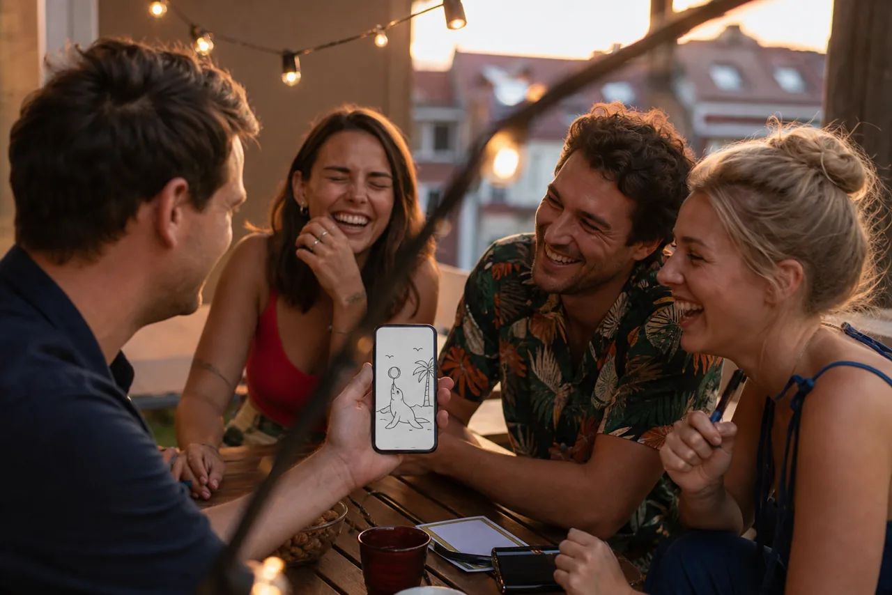 Freunde spielen bei Lichterketten eine sommerliche Themenrunde auf dem Handy