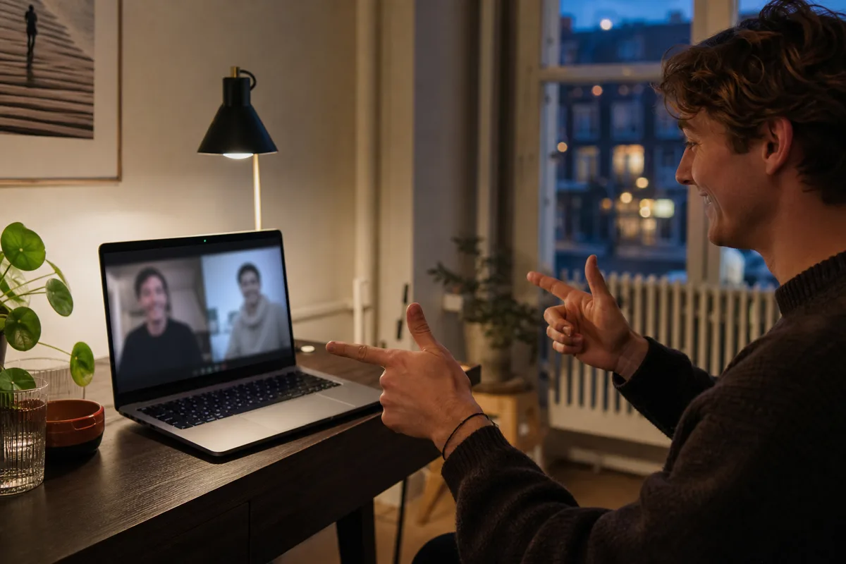 Speler doet mee aan een online vragenspel vanuit huis