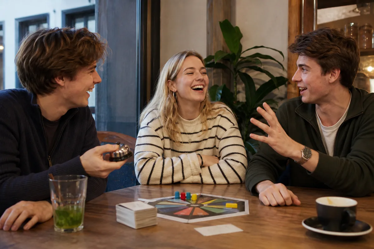 Vrienden lachen tijdens een snelle vragenronde
