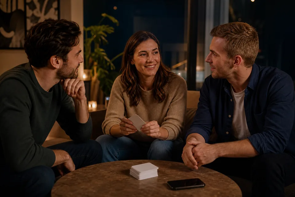 Erwachsene Freundesgruppe führt ein entspanntes Gespräch bei einer Fragerunde