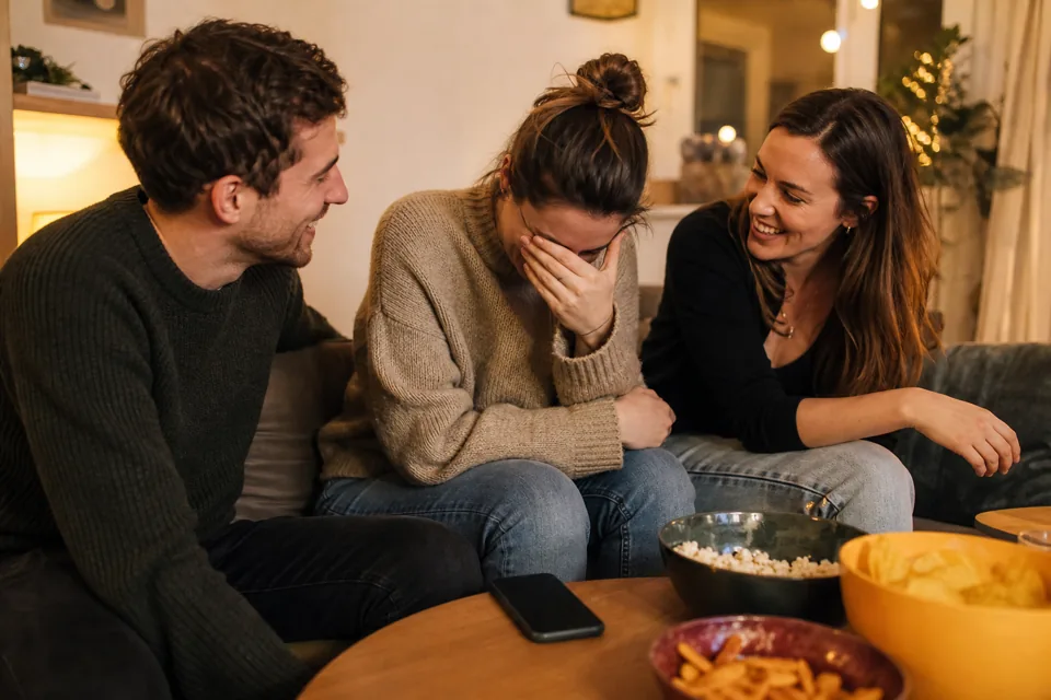 Freundinnen und Freunde lachen über eine peinliche Partygeschichte