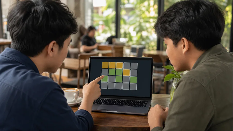 Dua teman melihat permainan tebak lima huruf di laptop