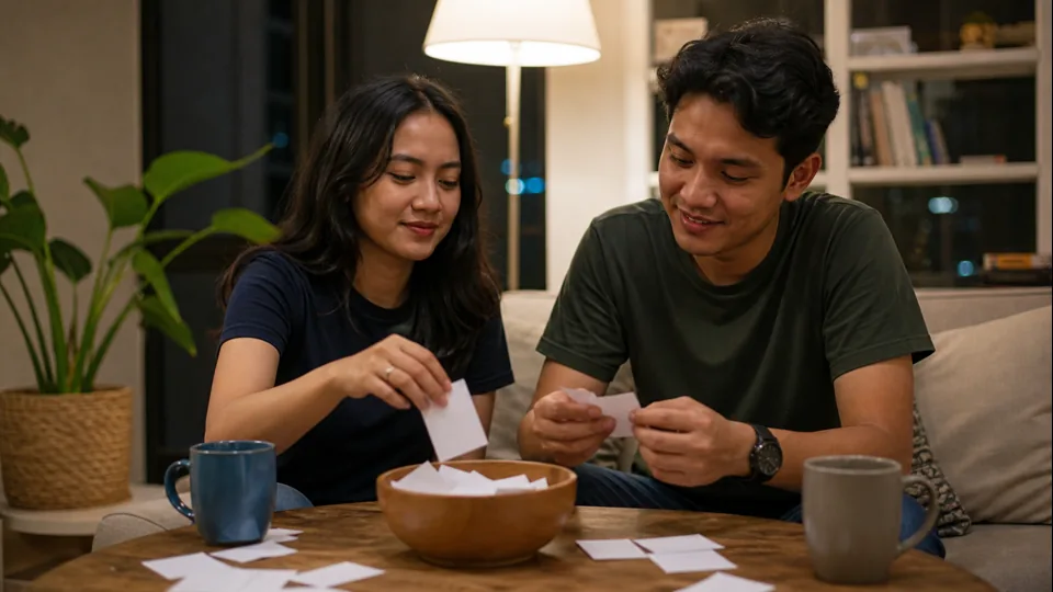 Dua teman memilih kartu kata untuk permainan