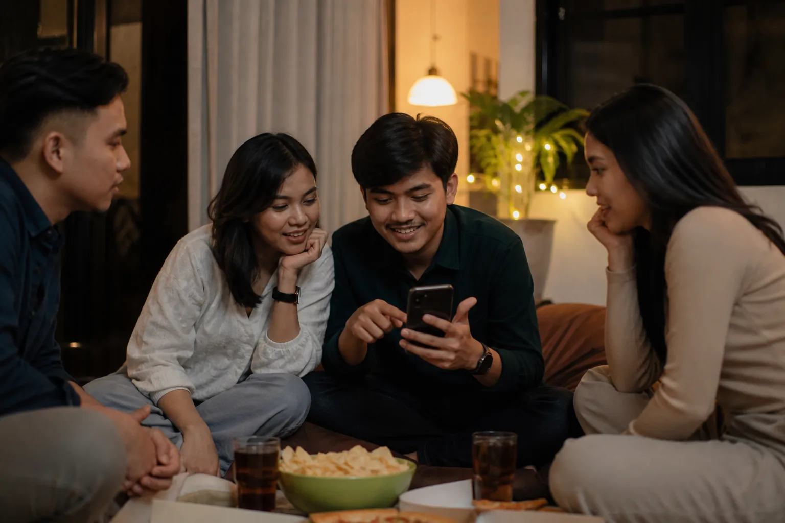 Teman-teman Indonesia memainkan game pertanyaan di ruang tamu
